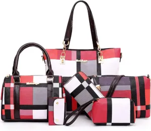 6-PC Women PU Handbag Shoulder Bag Crossbody Bag Purse Clutch Key Bag Fashion Satchel Tote Top-Handle Bag