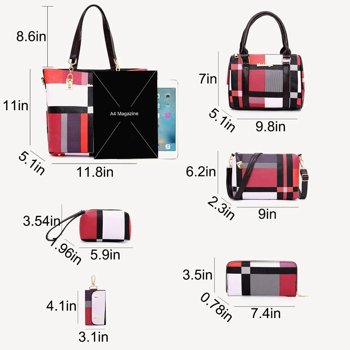 6-PC Women PU Handbag Shoulder Bag Crossbody Bag Purse Clutch Key Bag Fashion Satchel Tote Top-Handle Bag