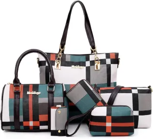 6-PC Women PU Handbag Shoulder Bag Crossbody Bag Purse Clutch Key Bag Fashion Satchel Tote Top-Handle Bag