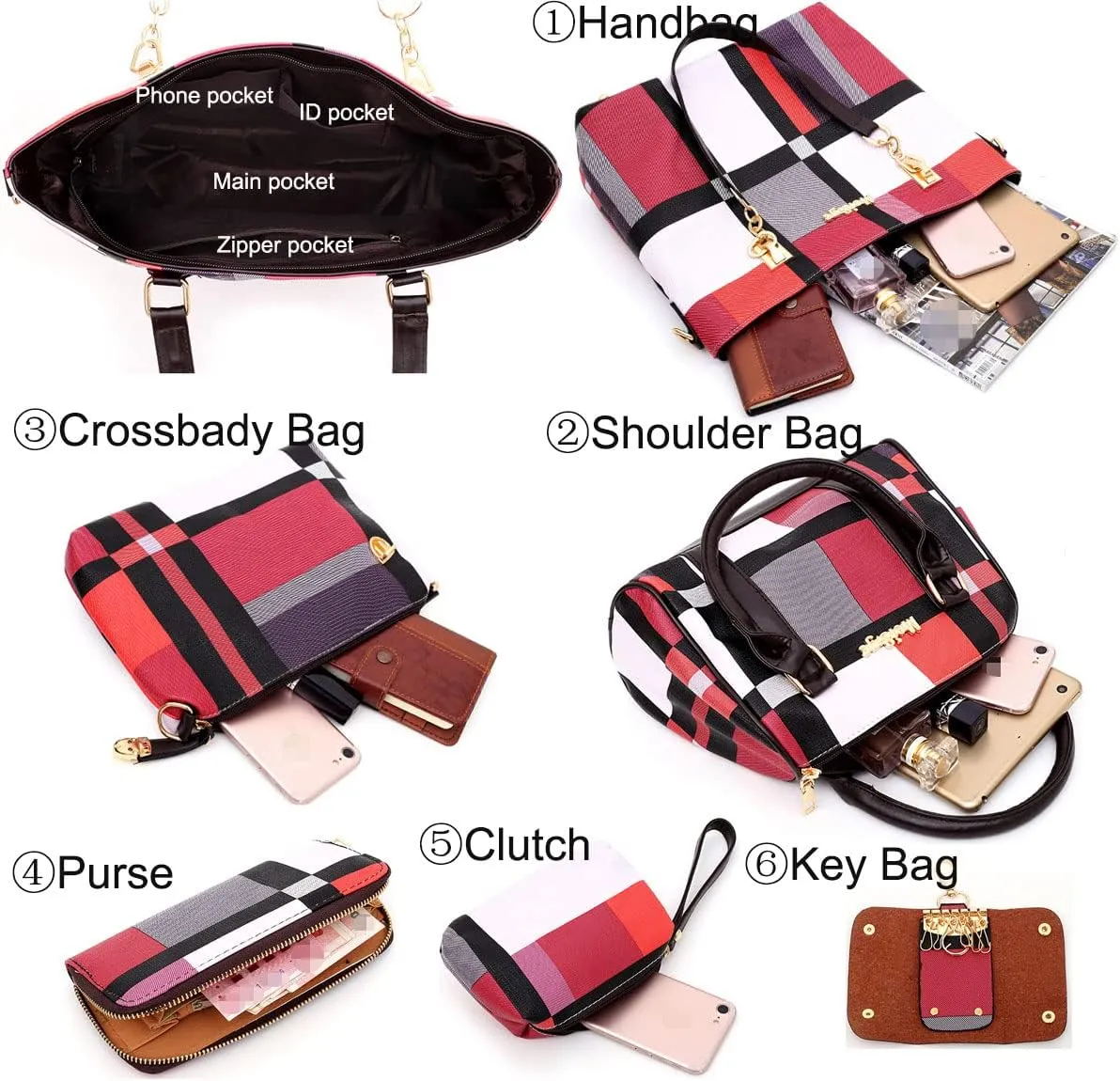 6-PC Women PU Handbag Shoulder Bag Crossbody Bag Purse Clutch Key Bag Fashion Satchel Tote Top-Handle Bag