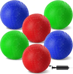 6 Pcs Dodgeballs 8.5 Inch Playground Ball 3 Colour Kickball Inflatable Rubber Handball Bouncy Dodge Ball with 1 Hand Pump for Outdoors Games Gym Camps Picnic (Needle is at The Top of The Pump)