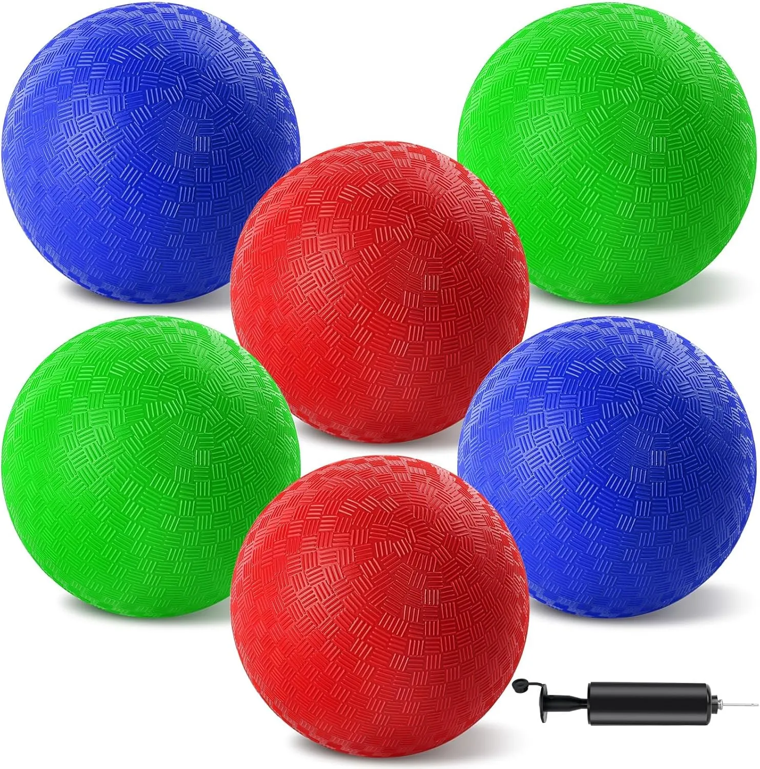 6 Pcs Dodgeballs 8.5 Inch Playground Ball 3 Colour Kickball Inflatable Rubber Handball Bouncy Dodge Ball with 1 Hand Pump for Outdoors Games Gym Camps Picnic (Needle is at The Top of The Pump)