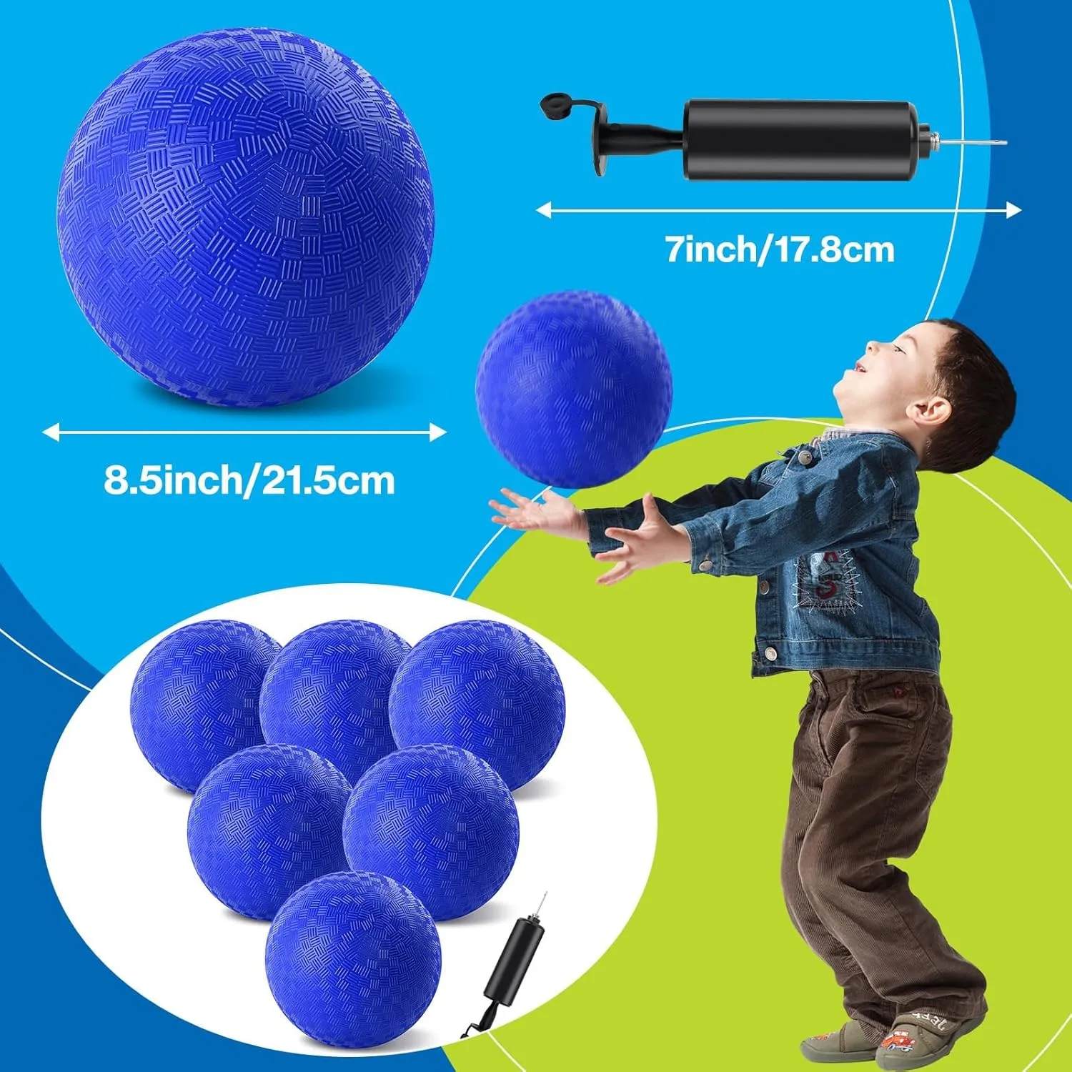6 Pcs Dodgeballs 8.5 Inch Playground Ball Blue Kickball Inflatable Rubber Handball Bouncy Dodge Ball with 1 Hand Pump for Outdoors Ball Games Gym Camps Picnic (Needle is at The Top of the Pump)