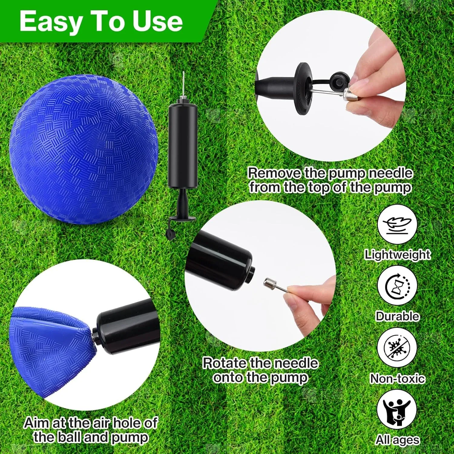 6 Pcs Dodgeballs 8.5 Inch Playground Ball Blue Kickball Inflatable Rubber Handball Bouncy Dodge Ball with 1 Hand Pump for Outdoors Ball Games Gym Camps Picnic (Needle is at The Top of the Pump)