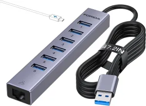 7 Ports USB 3.0 Hub, USB to Network HUB with 3.9ft Long Cable for Laptop, USB Splitter with Gigabit Ethernet Port and 5V/3A Power Port, MultiPort Aluminum Expander for Laptop, iMac, PC, Flash Drives