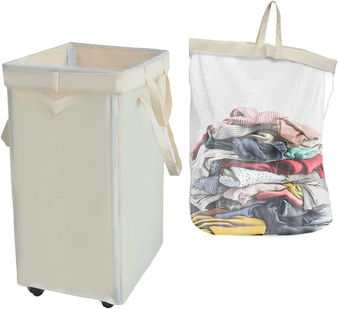 75L Collapsible Tall Laundry Hamper, Laundry Basket with Wheels with Removable Wash Bag Waterproof Clothes Hamper, Narrow Corner Clothes Bins with Handles for Bathroom