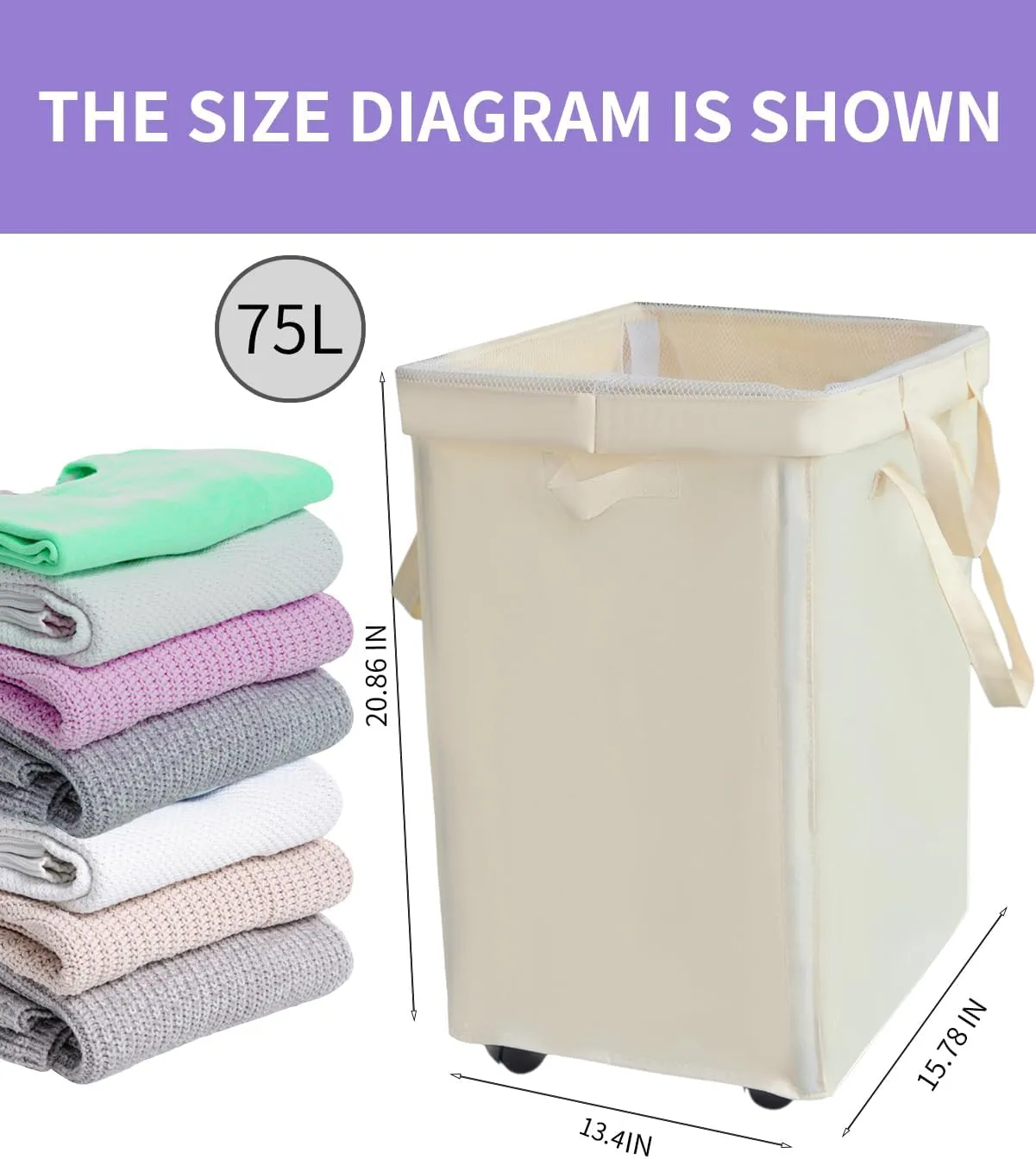 75L Collapsible Tall Laundry Hamper, Laundry Basket with Wheels with Removable Wash Bag Waterproof Clothes Hamper, Narrow Corner Clothes Bins with Handles for Bathroom