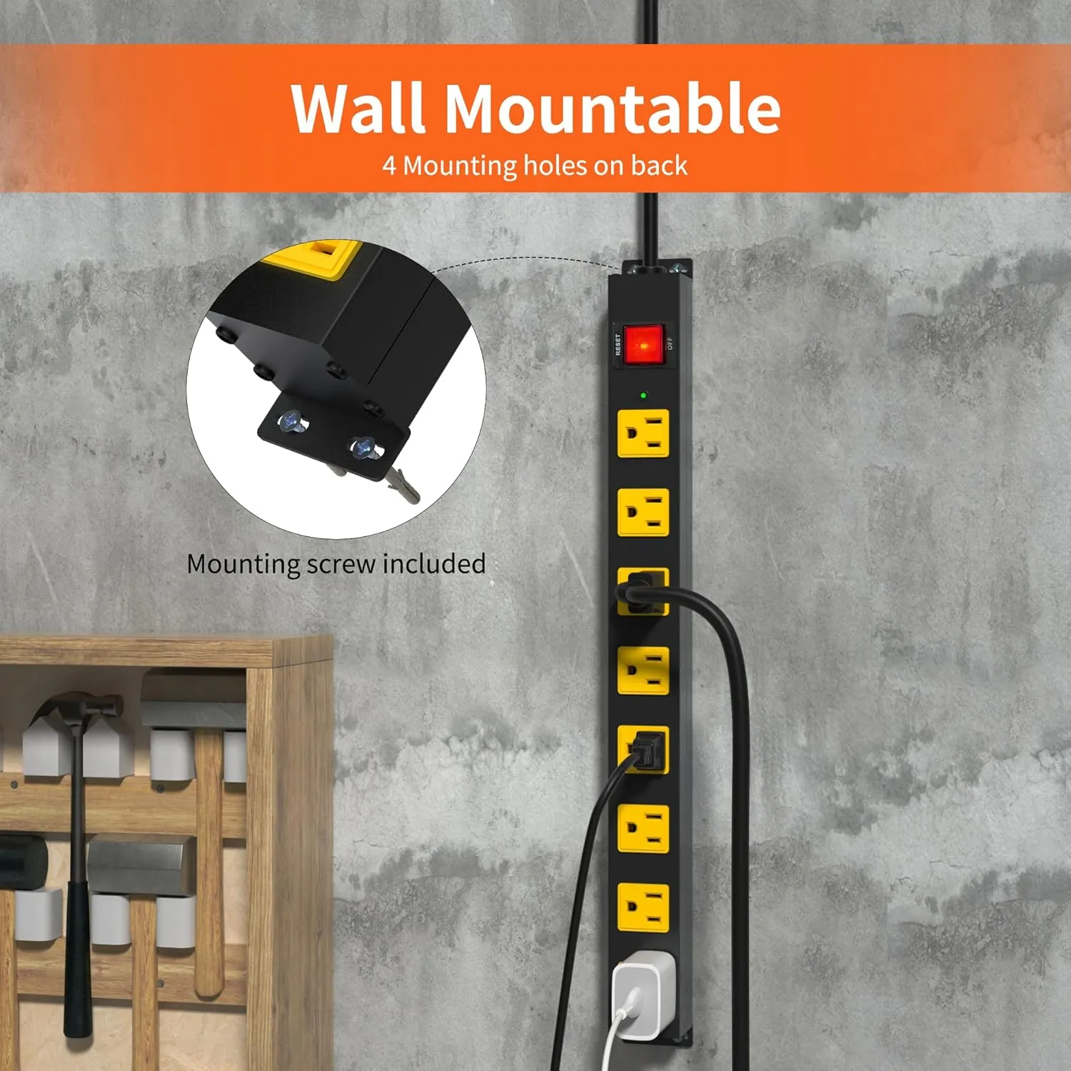 8 Outlet Long Power Strip, 2100J Surge Protector Heavy Duty 6FT Cord Wide Spaced and Wall Mount Metal Powerstrip for Home Office Garage Workshop