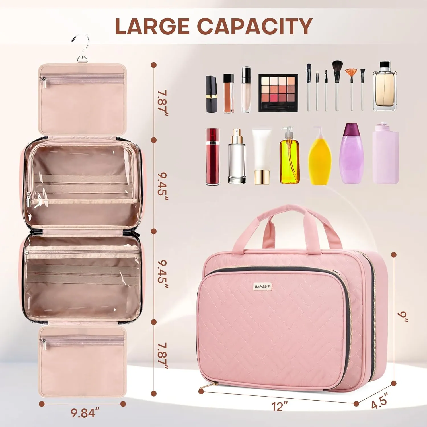 8L Travel Toiletry Bag with Jewelry Organizer for Women - 2.1 GAL Water-resistant Makeup Cosmetic Bag With Hanging Hook for Accessories Shampoo Full-size Container, Pink