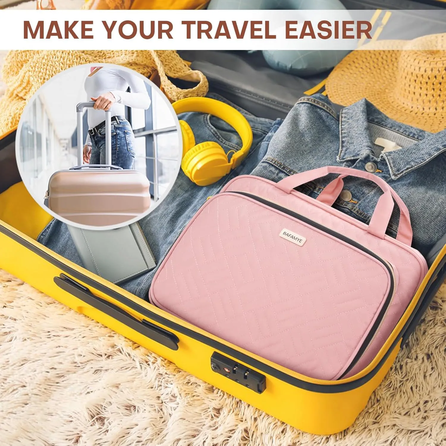 8L Travel Toiletry Bag with Jewelry Organizer for Women - 2.1 GAL Water-resistant Makeup Cosmetic Bag With Hanging Hook for Accessories Shampoo Full-size Container, Pink