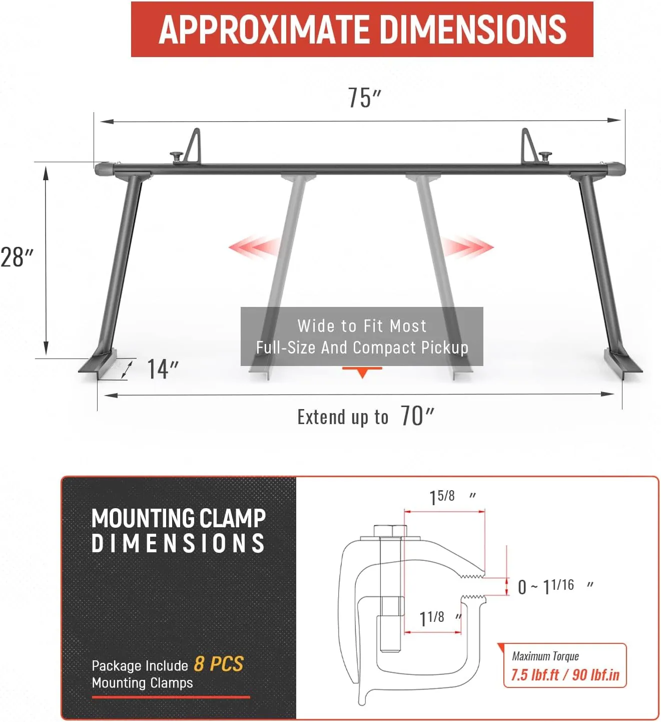 AA-Racks Model APX25 Extendable Aluminum Pick-Up Truck Ladder Rack (No Drilling Required) - Sandy Black