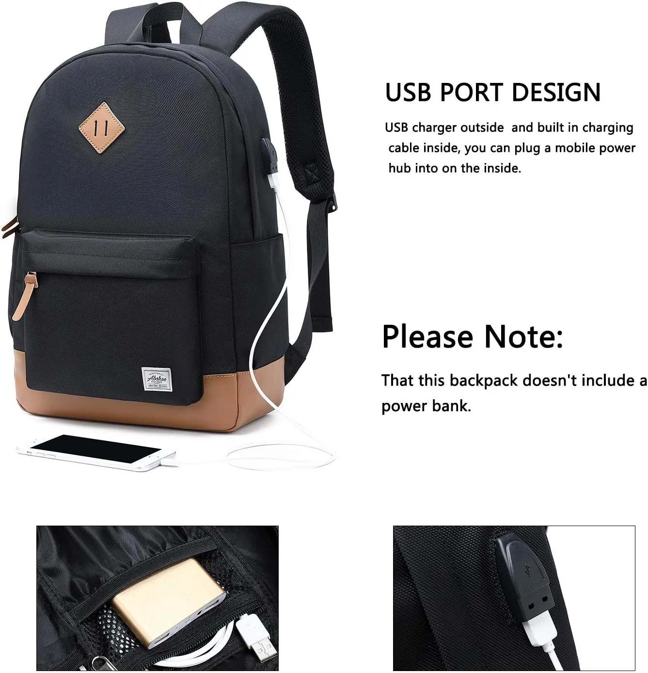 abshoo Classical Basic Womens Travel Backpack For College Men Water Resistant Laptop School Bookbag (USB Black)