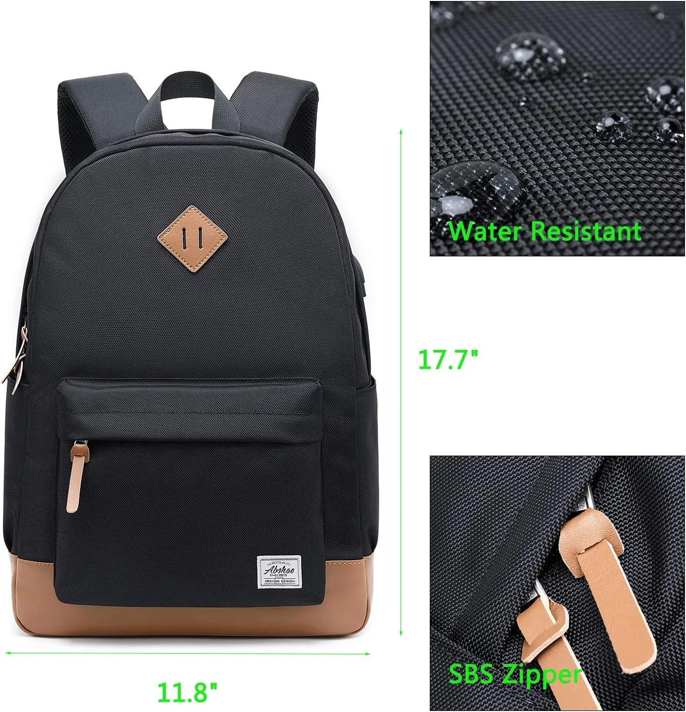 abshoo Classical Basic Womens Travel Backpack For College Men Water Resistant Laptop School Bookbag (USB Black)