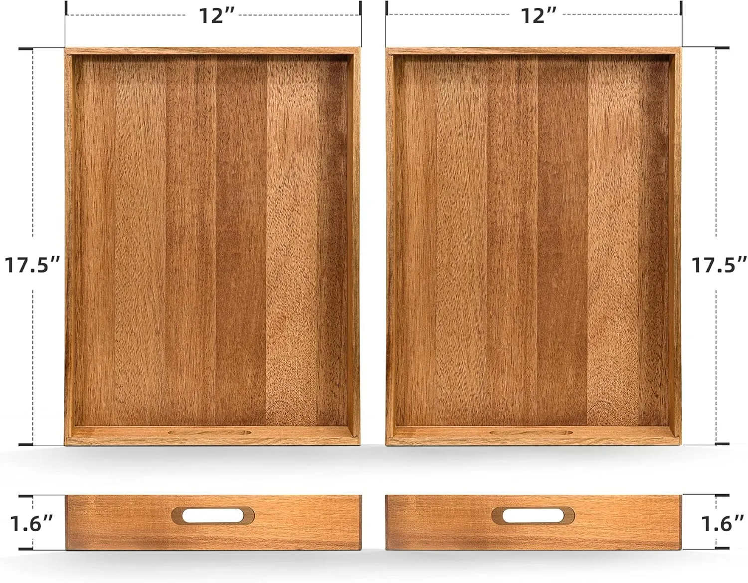 Acacia Wood Serving Tray with Handles Set of 2 – Decorative Serving Trays Platter for Breakfast in Bed, Lunch, Dinner, Patio, Ottoman, Coffee Table, BBQ, Party –Great for Lap &Couch