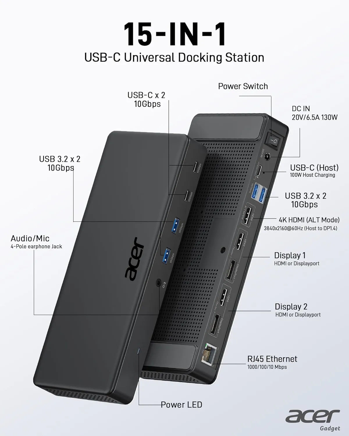 Acer 15-in-1 Laptop Docking Station Support DisplayLink Triple Monitors, USB C Docking Station, 130W Power Adapter, 10Gbps Data Transfer, 1Gbps Ethernet for MacBook Pro/Air, Acer Laptops, PC and More