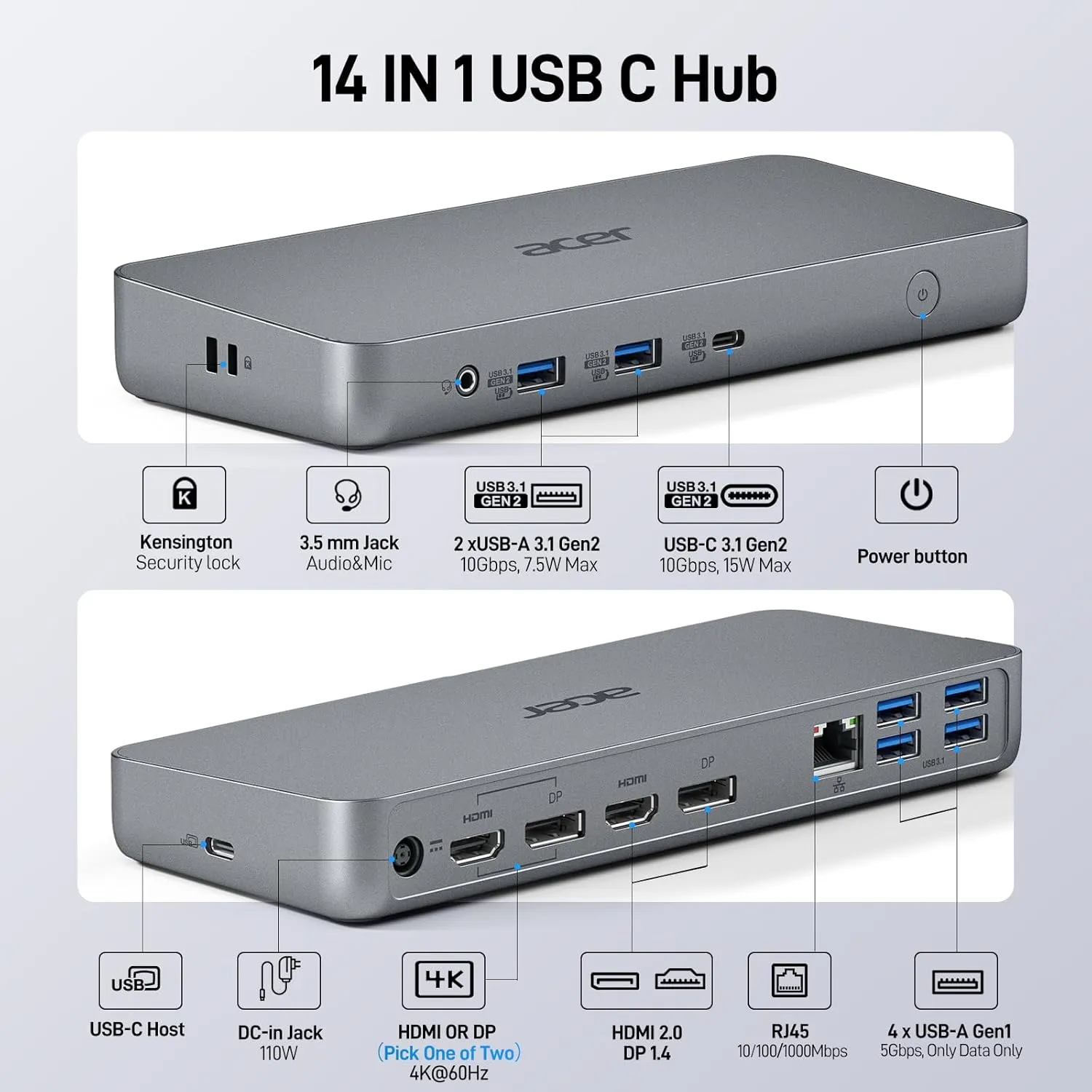 Acer Docking Station,14-in-1 Triple Display USB C Docking Station, 3 Monitors with 4K HDMI 2.0, DisplayPort 1.4, 10 Gbps USB-C and 5 Gbps USB-A Data, 1 Gbps Ethernet, Audio, 60W Charging for Laptop