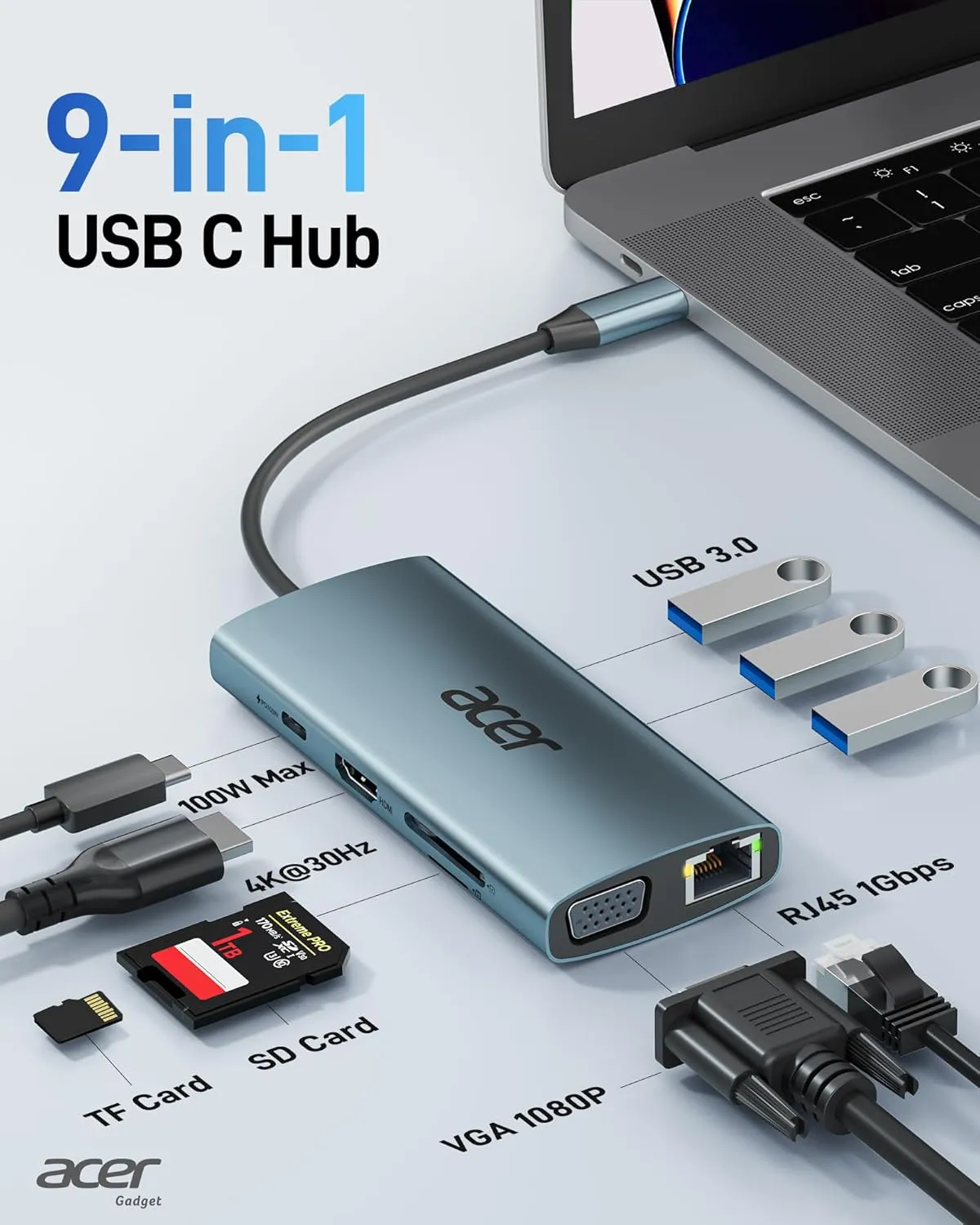Acer USB C Hub with 4K HDMI, 9-in-1 USB C to Ethernet Adapter, 5Gbps USBA 3.0 Docking Station, VGA Splitter, SD Card Reader, PD 100W Charging for MacBook, Acer, Laptops, Surface and More
