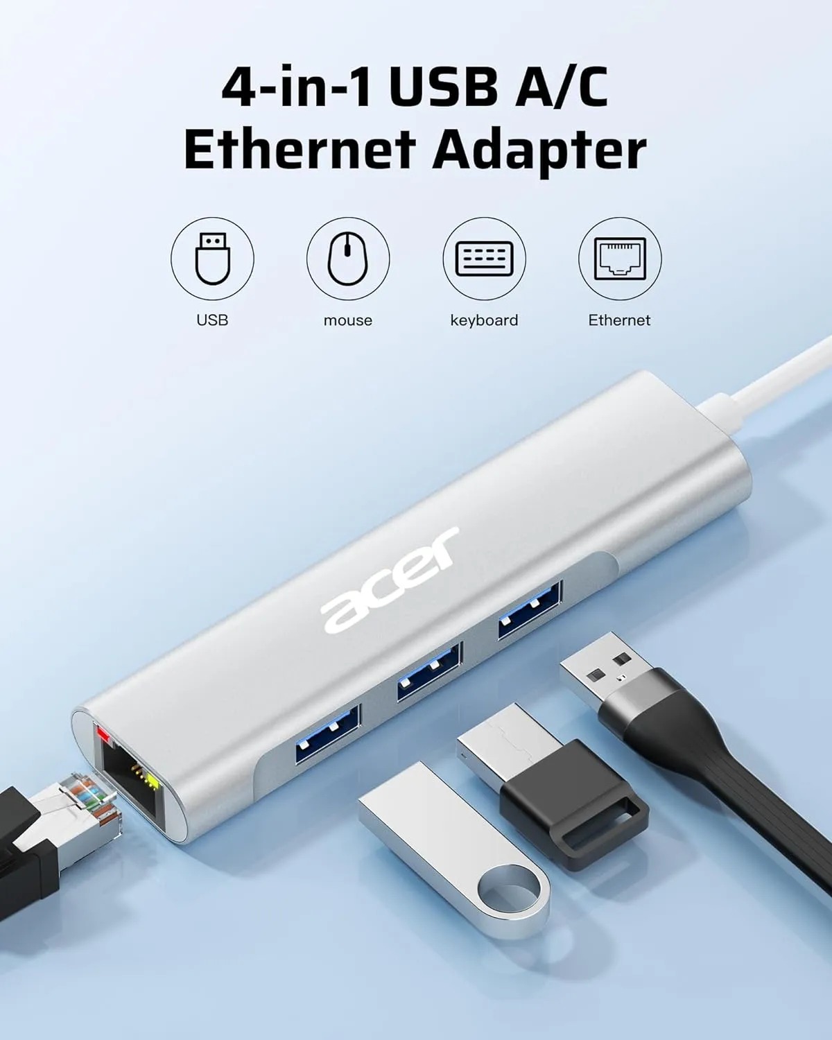 Acer USB C to Ethernet Adapter, 4-in-1 USB-A/C Hub with 3 USB-A 3.1 & 1Gbps RJ45 Networks, USB-C to LAN Adapter for MacBook Pro Air, Surface, Chromebook, Acer, Laptop, and More