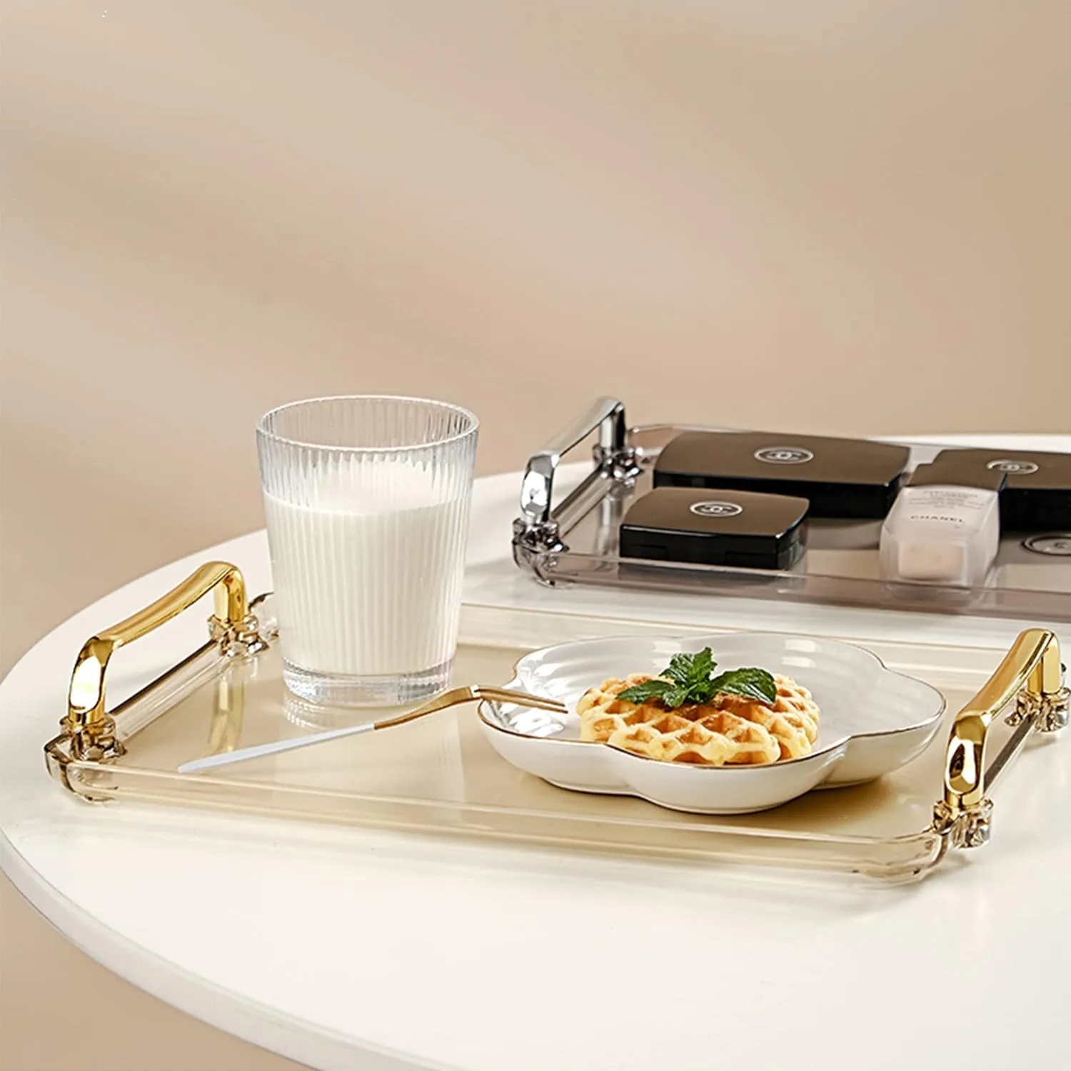 Acrylic Serving Tray with Handles Ottoman Countertop Decorative Tray Serving Tray Spill-Proof Tray for Coffee Table Living Room Bedroom16 x 9 x 0.8 inches (Amber)