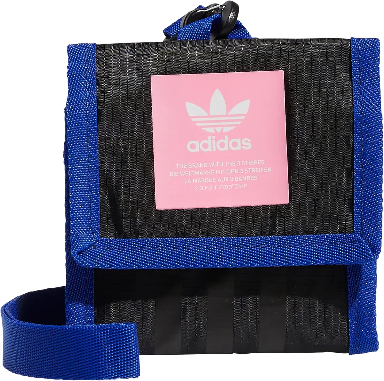 adidas Originals Neck Pouch Travel Wallet with Detachable Lanyard, Black/Lucid Blue/Beam Pink, One Size