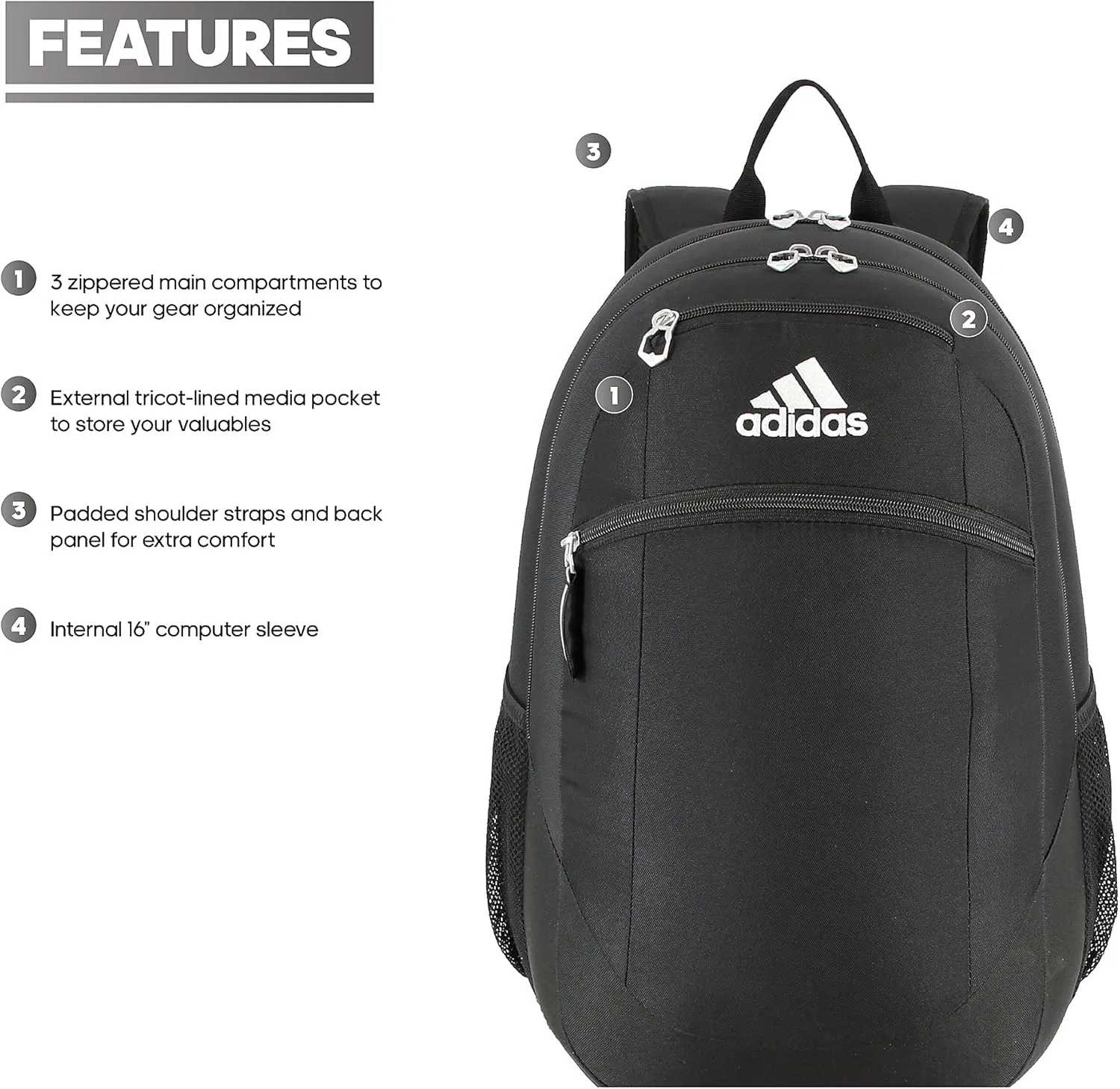 adidas Striker Team Sports Backpack for Soccer and More, Workout Bag for Men and Women, Black/White, One Size