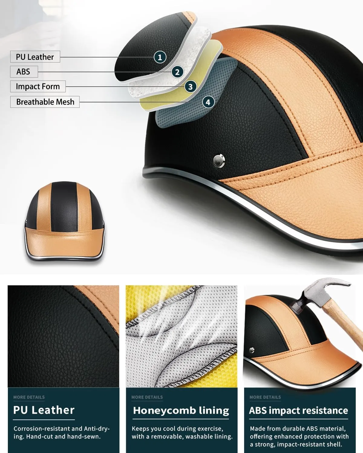 Adult Baseball Cap Helmet - Urban Style PU Retro Leather Hat for Golf, Low Profile Urban Commute Helmet for Men & Women