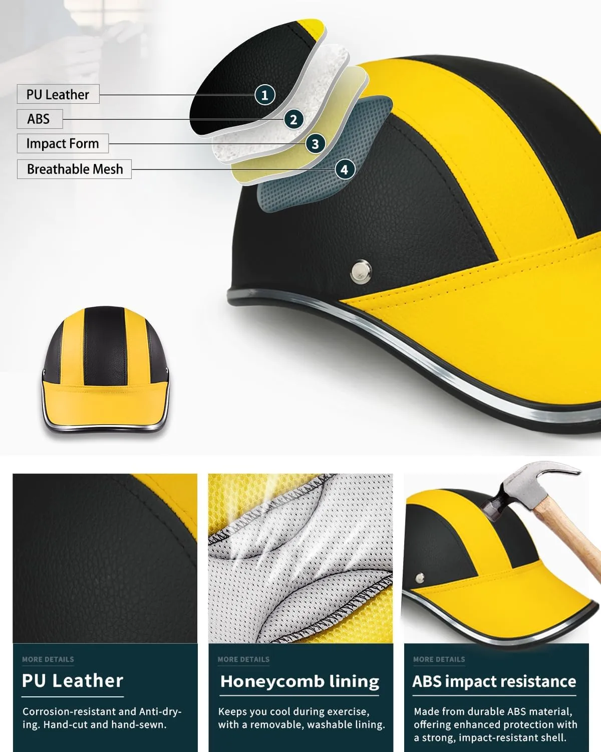 Adult Baseball Cap Helmet - Urban Style PU Retro Leather Hat for Golf, Low Profile Urban Commute Helmet for Men & Women