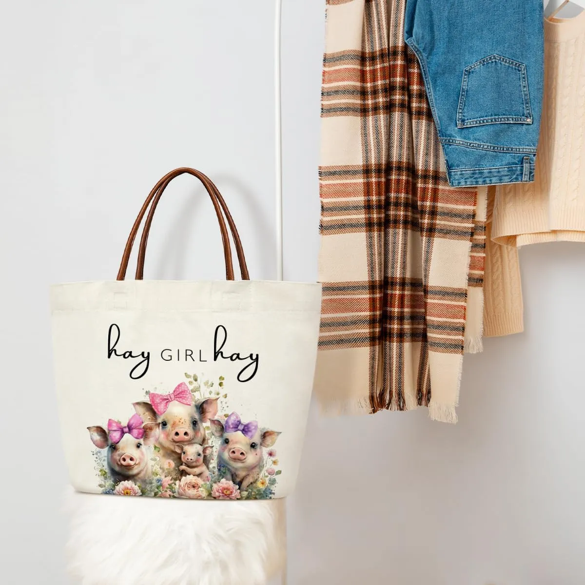 Aesthetic Canvas Tote Bag for Women Teens Reusable Grocery Shopping Bag With Handles Cute Tote Bag -Hay Girl Hay