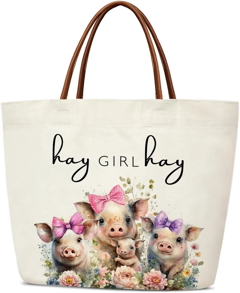 Aesthetic Canvas Tote Bag for Women Teens Reusable Grocery Shopping Bag With Handles Cute Tote Bag -Hay Girl Hay