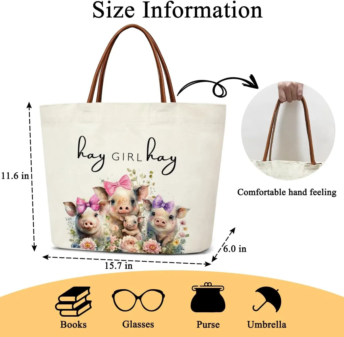 Aesthetic Canvas Tote Bag for Women Teens Reusable Grocery Shopping Bag With Handles Cute Tote Bag -Hay Girl Hay