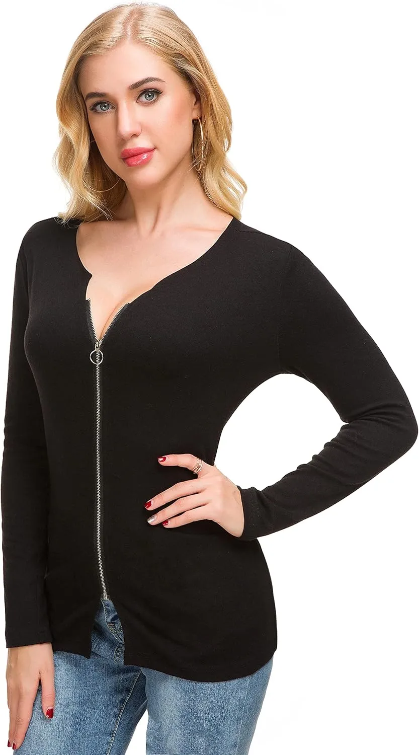 Afibi Women V Neck Zip Front Long Sleeve Casual Top Blouse Shirt/Cardigan