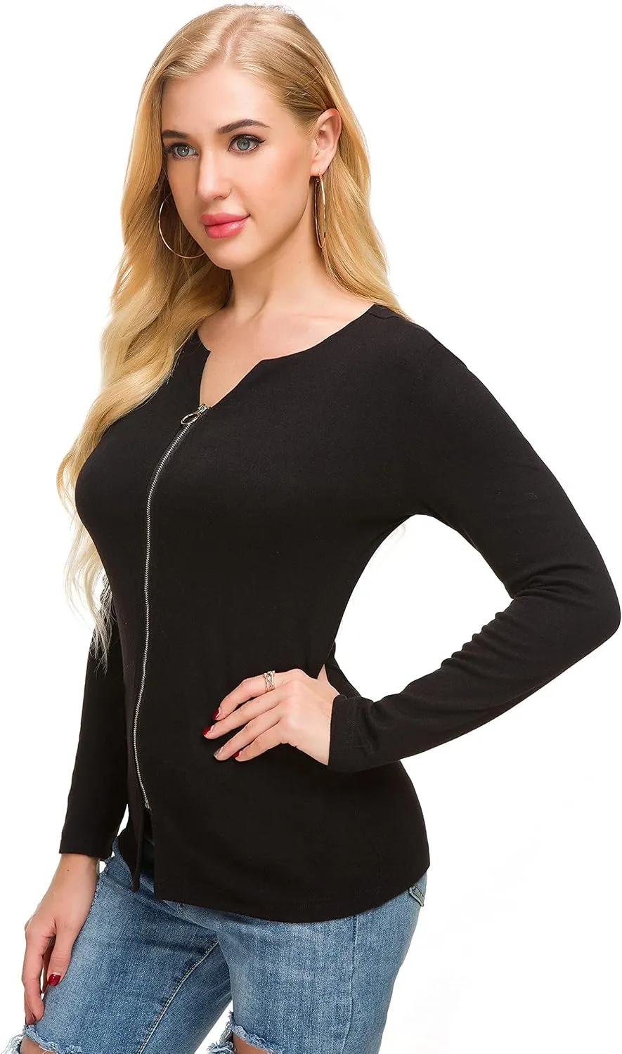 Afibi Women V Neck Zip Front Long Sleeve Casual Top Blouse Shirt/Cardigan