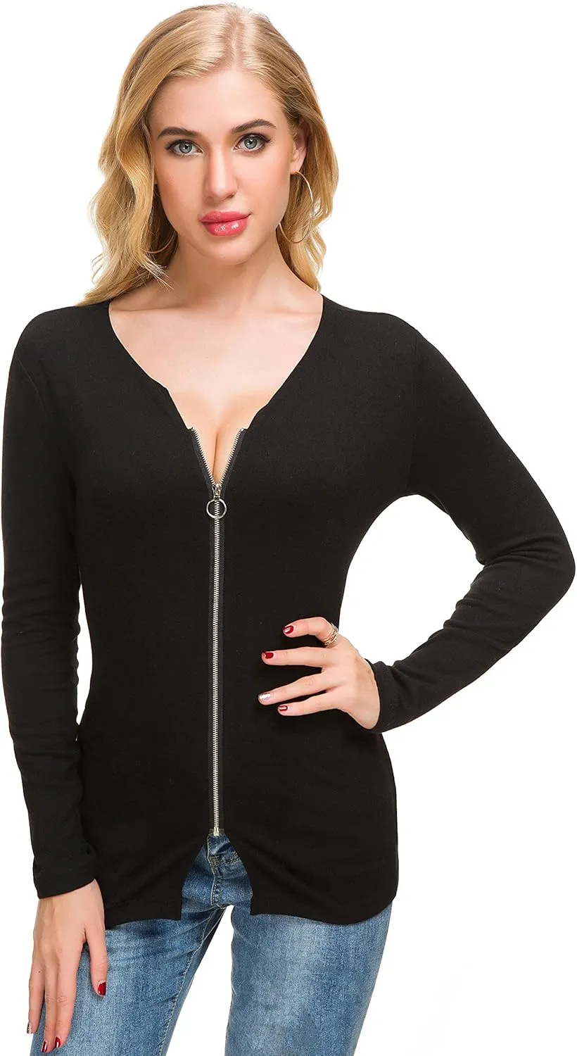 Afibi Women V Neck Zip Front Long Sleeve Casual Top Blouse Shirt/Cardigan