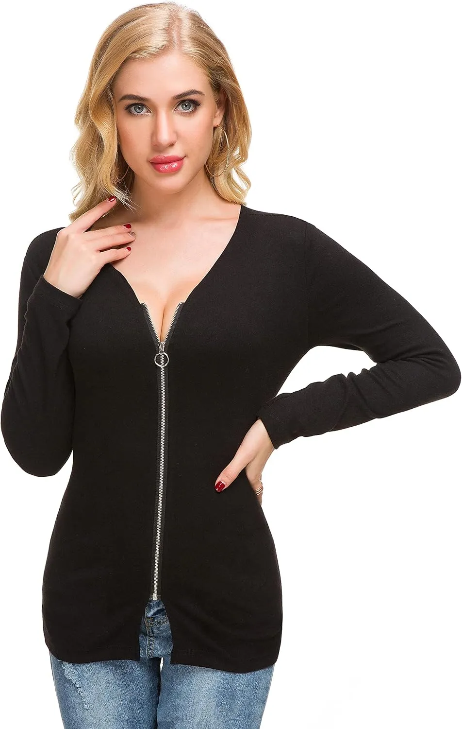 Afibi Women V Neck Zip Front Long Sleeve Casual Top Blouse Shirt/Cardigan