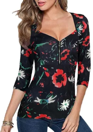 Afibi Womens Square Neck Zip Up Front Empire Waist Blouse Tees Tops