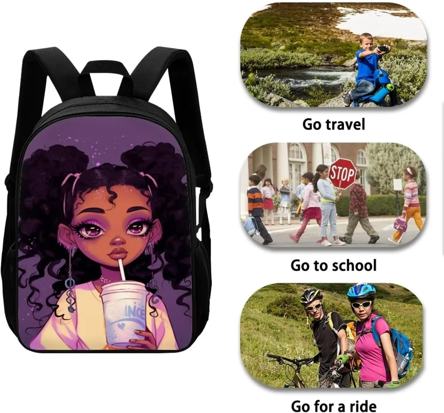 Afro Backpacks for Girls 4-6/8-10 African Magic Book Bag Kids Bookbag Girls 3th Grade/4th Grade School Bag with Water Bottles