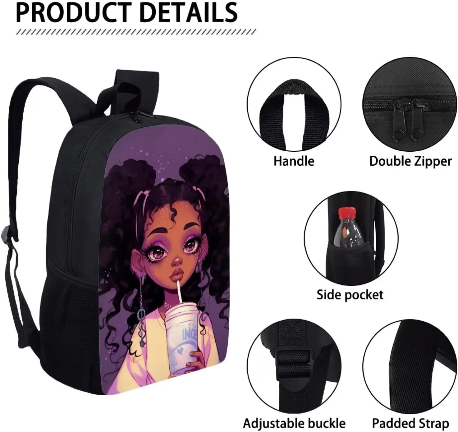Afro Backpacks for Girls 4-6/8-10 African Magic Book Bag Kids Bookbag Girls 3th Grade/4th Grade School Bag with Water Bottles