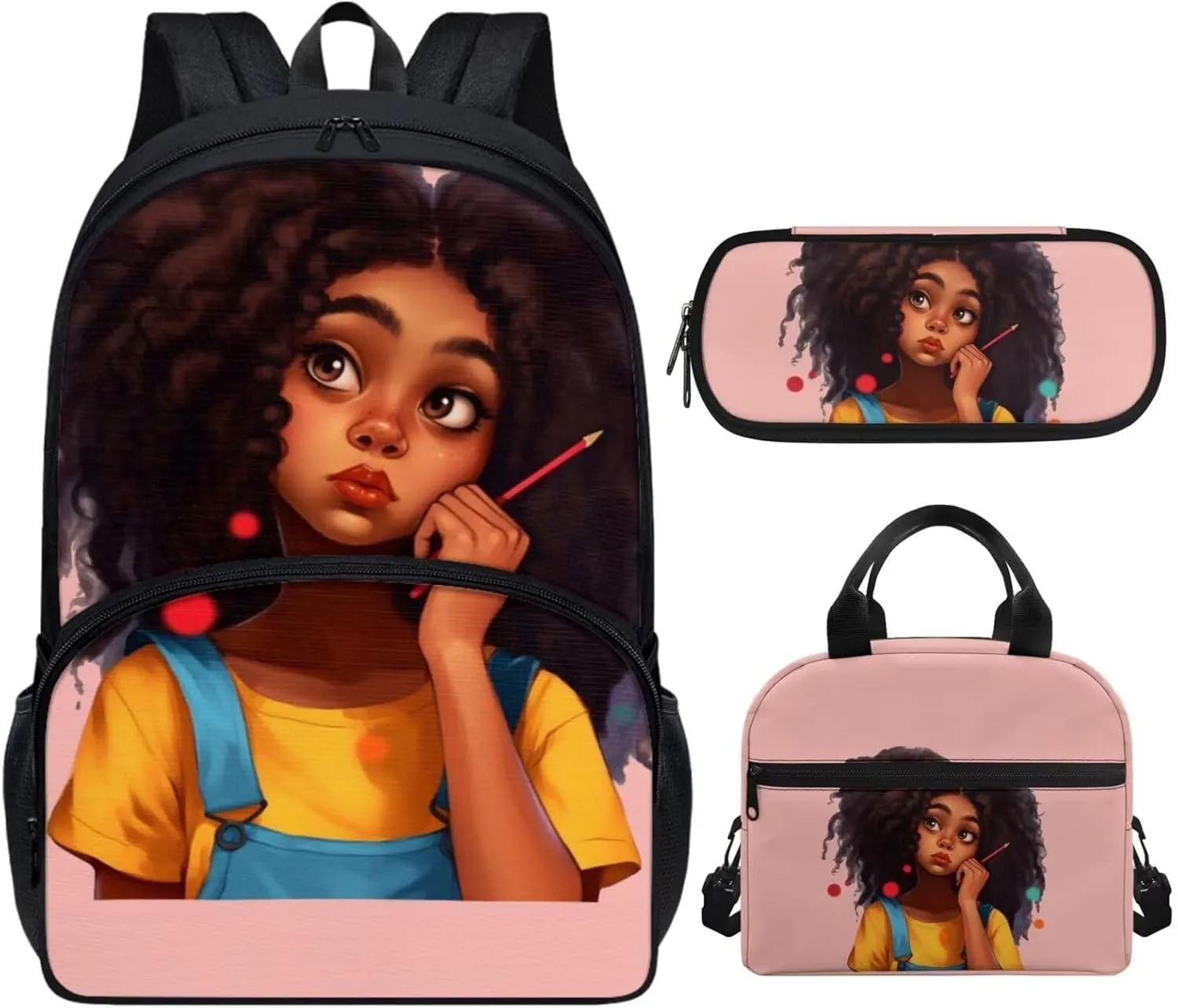Afro Black Girl Backpack and Lunch Bag Set for Girls 5Th Grade/6Th Grade African Black Magic Kids Bookbag Lunch Box School Bag Pencil Case Lunchbox