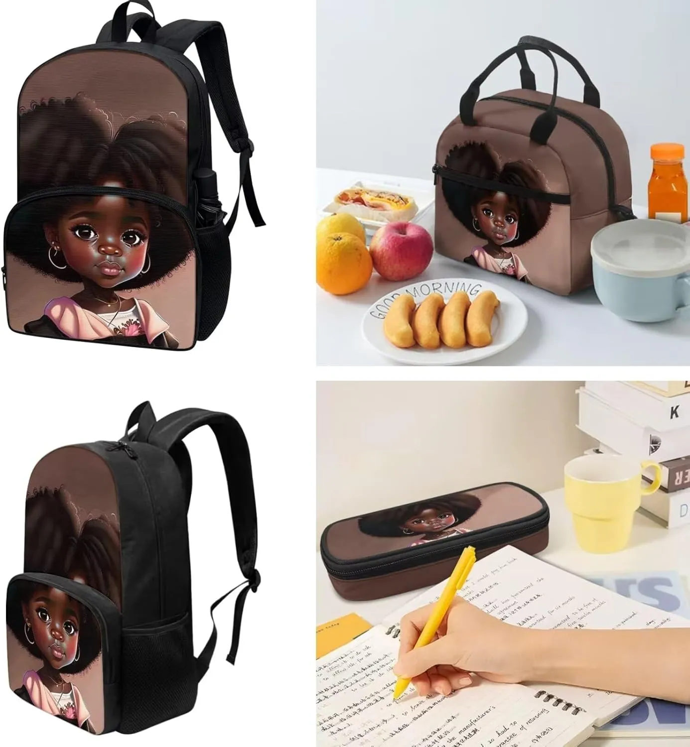 Afro Black Girl Backpack with Lunch Box Black Girl Bookbag Lunch Bag Preschool/Primary School Bag Lunchbox Pencil Pen Case Daycare Backpack