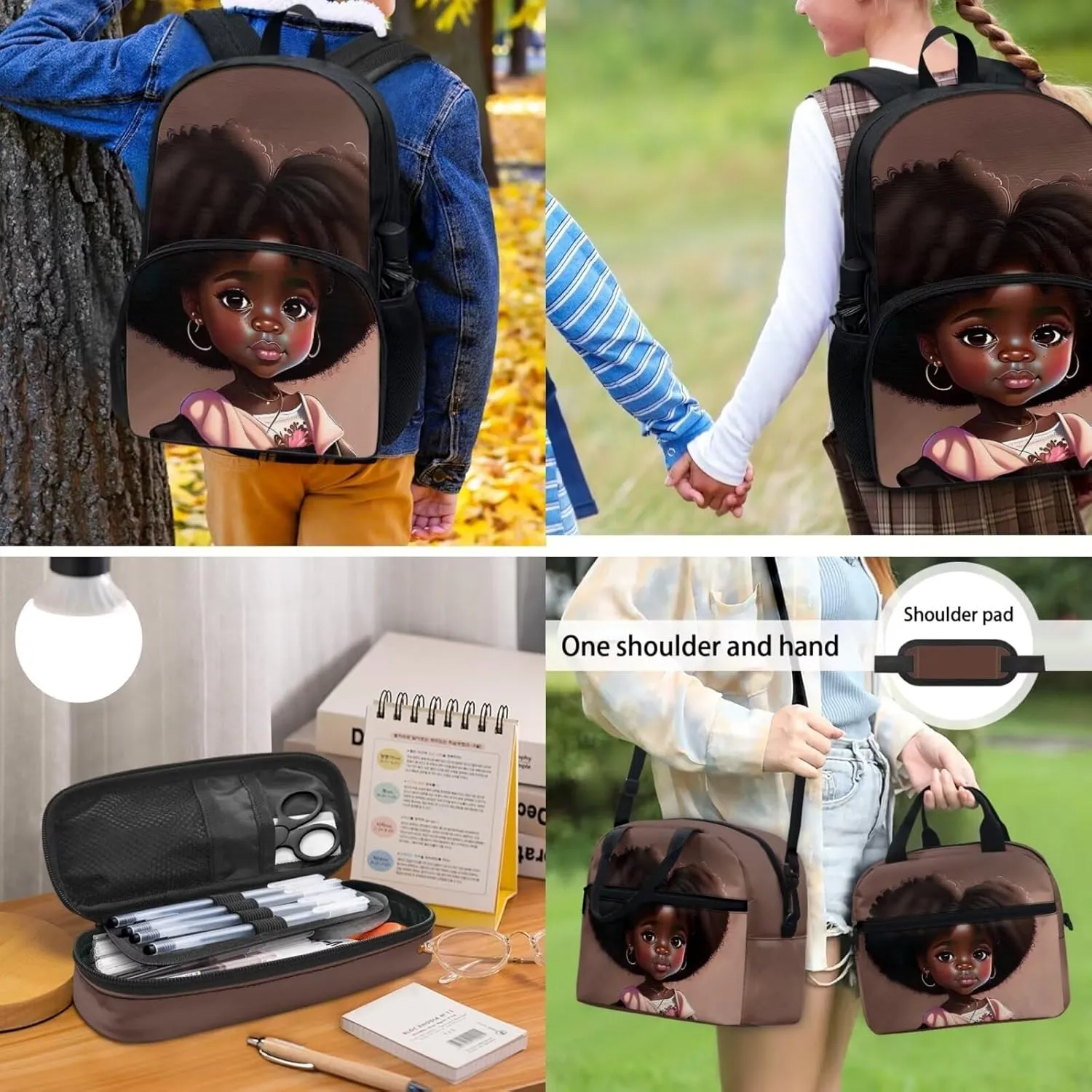 Afro Black Girl Backpack with Lunch Box Black Girl Bookbag Lunch Bag Preschool/Primary School Bag Lunchbox Pencil Pen Case Daycare Backpack