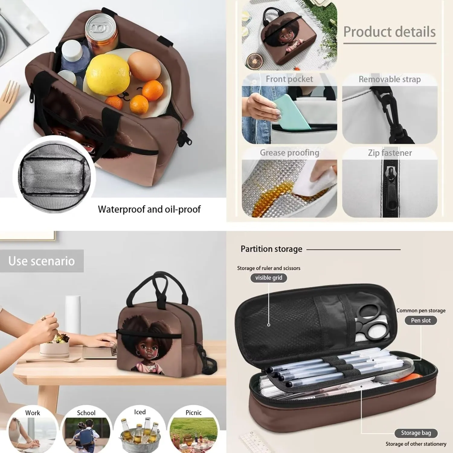 Afro Black Girl Backpack with Lunch Box Black Girl Bookbag Lunch Bag Preschool/Primary School Bag Lunchbox Pencil Pen Case Daycare Backpack