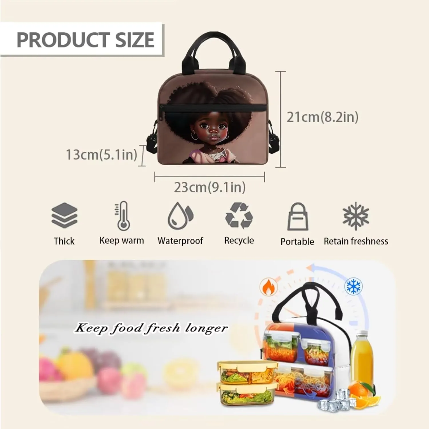 Afro Black Girl Backpack with Lunch Box Black Girl Bookbag Lunch Bag Preschool/Primary School Bag Lunchbox Pencil Pen Case Daycare Backpack