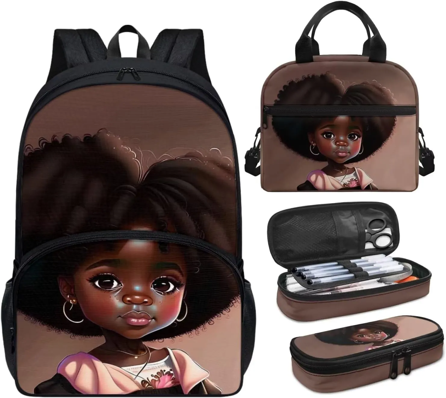 Afro Black Girl Backpack with Lunch Box Black Girl Bookbag Lunch Bag Preschool/Primary School Bag Lunchbox Pencil Pen Case Daycare Backpack