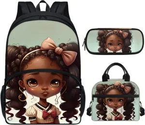 Afro Book Bag and Lunch Box for Girls African Black Backpack Lunchbag 6-8/8-10 Magic Girls Back Pack Lunchbag Pencil Pen Case
