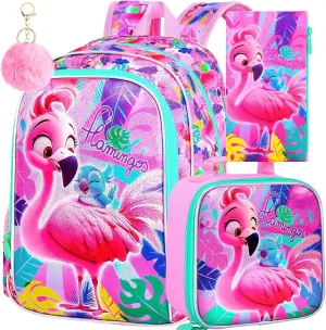 AGSDON 3PCS Flamingo Backpacks for Girls, 16" Kids Backpack with Lunch Box, Water Resistant Girl Reflective Bookbag for Elementary