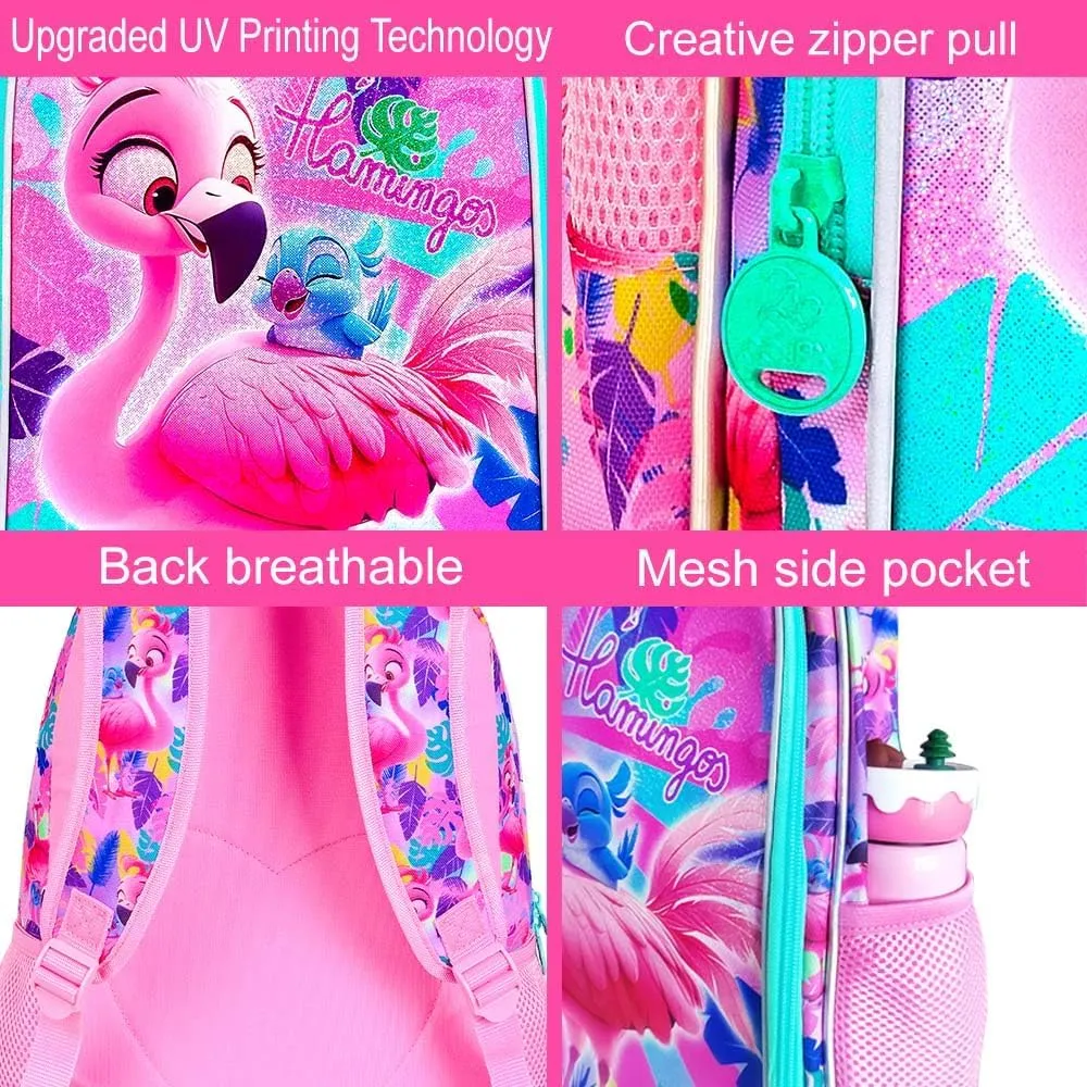 AGSDON 3PCS Flamingo Backpacks for Girls, 16" Kids Backpack with Lunch Box, Water Resistant Girl Reflective Bookbag for Elementary