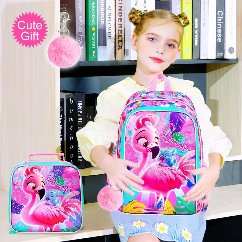 AGSDON 3PCS Flamingo Backpacks for Girls, 16" Kids Backpack with Lunch Box, Water Resistant Girl Reflective Bookbag for Elementary