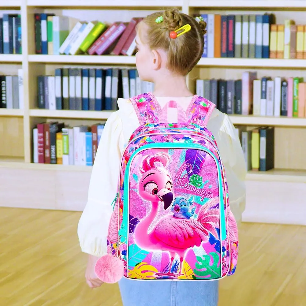 AGSDON 3PCS Flamingo Backpacks for Girls, 16" Kids Backpack with Lunch Box, Water Resistant Girl Reflective Bookbag for Elementary
