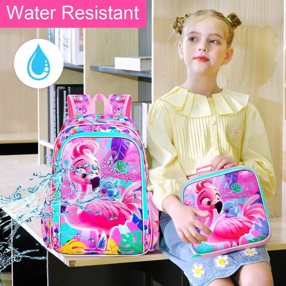 AGSDON 3PCS Flamingo Backpacks for Girls, 16" Kids Backpack with Lunch Box, Water Resistant Girl Reflective Bookbag for Elementary