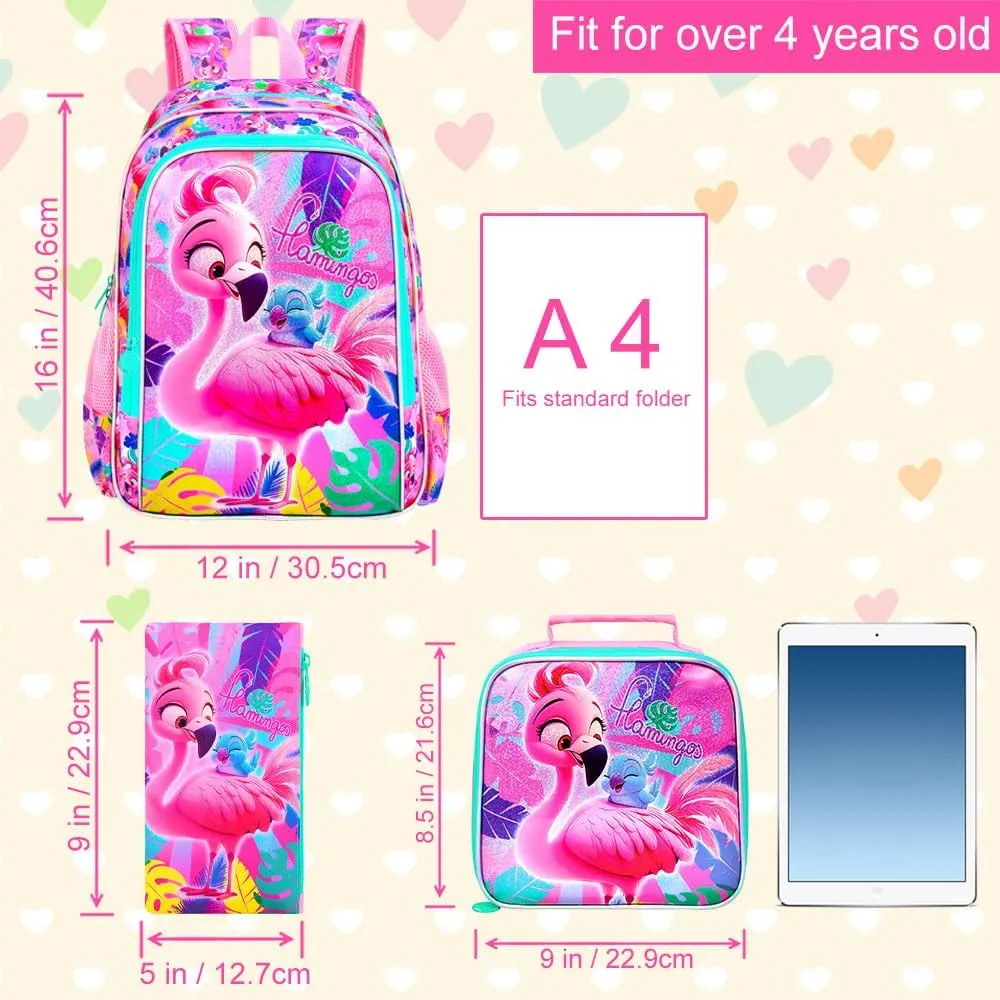 AGSDON 3PCS Flamingo Backpacks for Girls, 16" Kids Backpack with Lunch Box, Water Resistant Girl Reflective Bookbag for Elementary